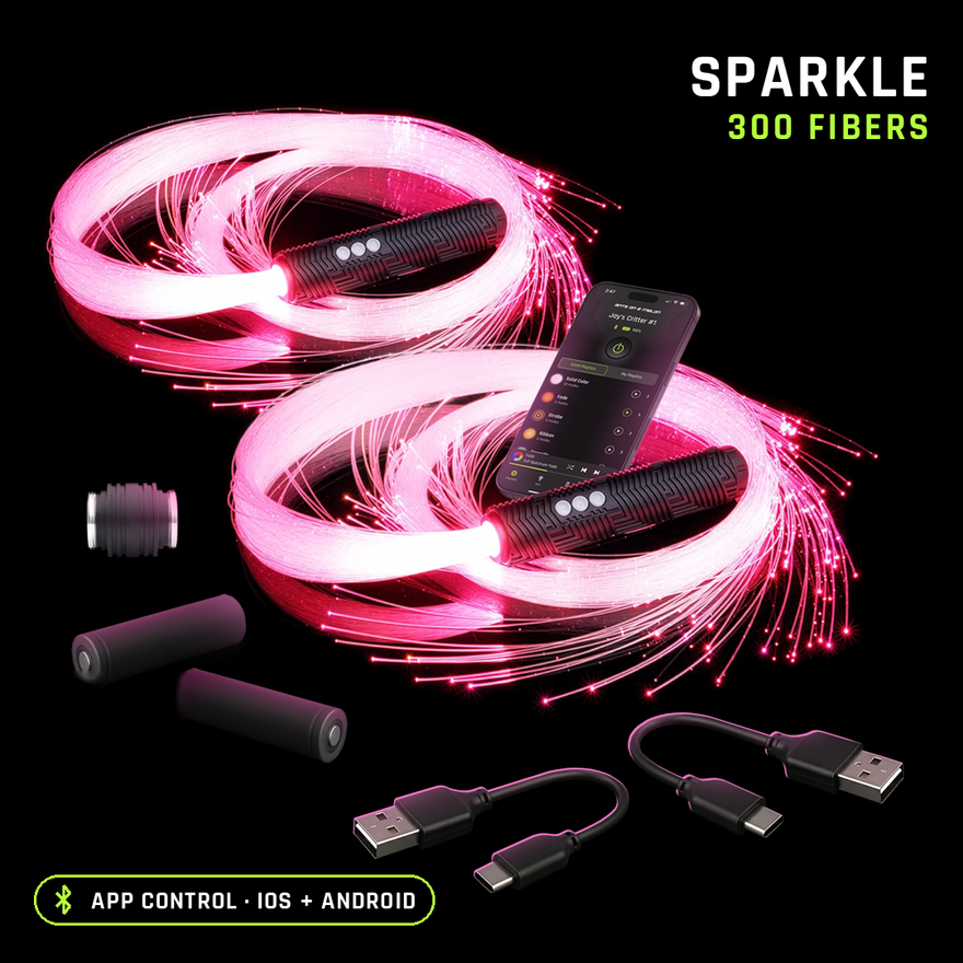 Double BitWhip with sparkle fiber, 300 fibers, glowing pink with two RGB Critter BT Light Engines