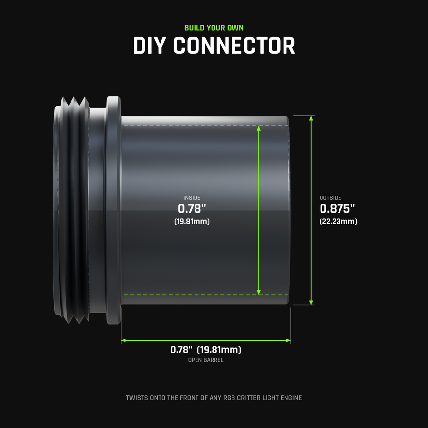 DIY Connector barrel dimensions: inside diameter 0.78 in (19.81mm), outside diameter 0.875 in (22.23mm), open barrel length 0.78 in (19.81mm)