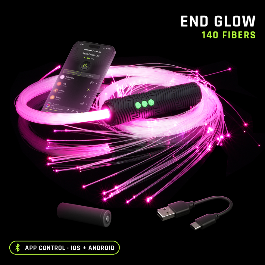 BitWhip with end glow fiber, 140 fibers, glowing pink with the app, battery and charging cable