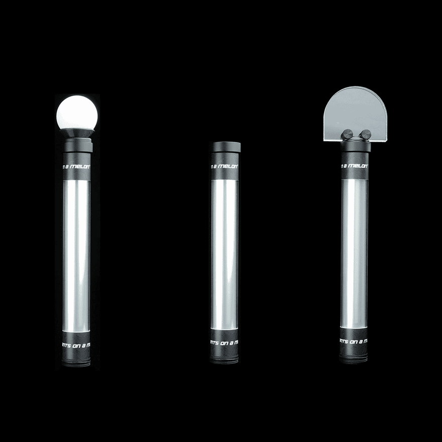 Light Painting Tube shown with three interchangeable tops: orb diffuser, plain tube and half-dome