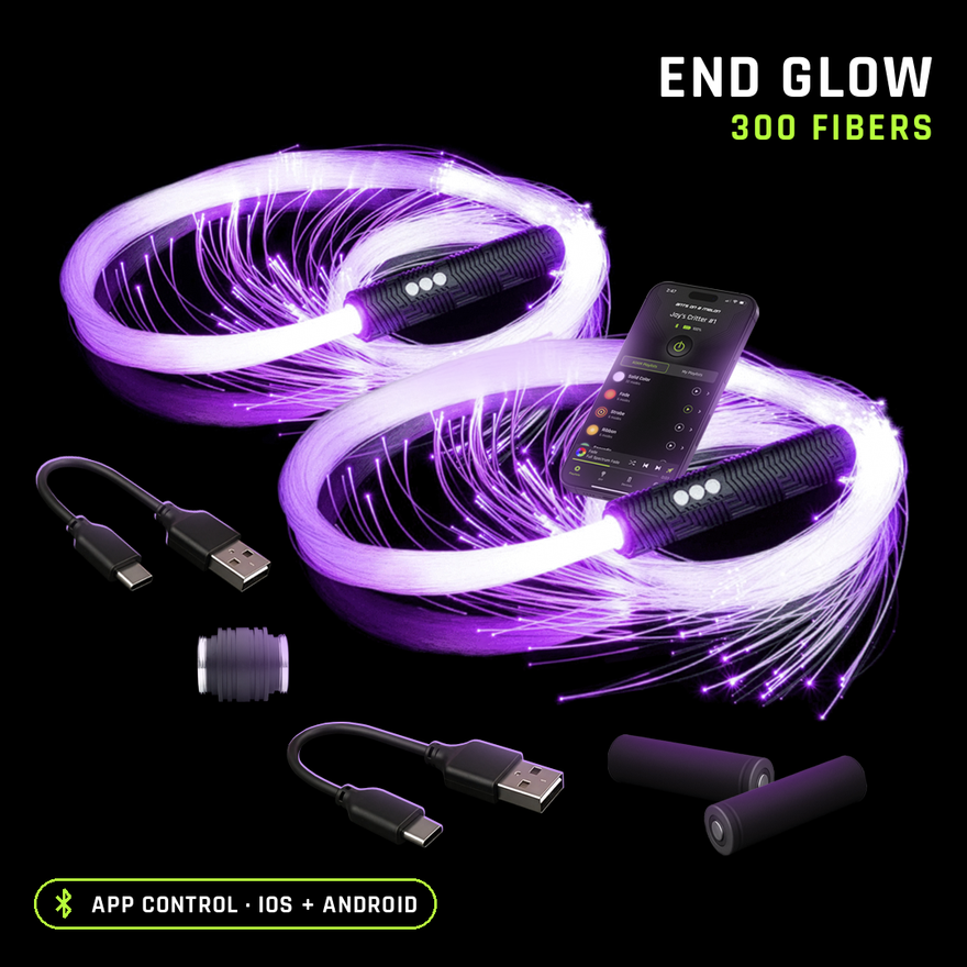 Double BitWhip with end glow fiber, 300 fibers, glowing purple with two RGB Critter BT Light Engines