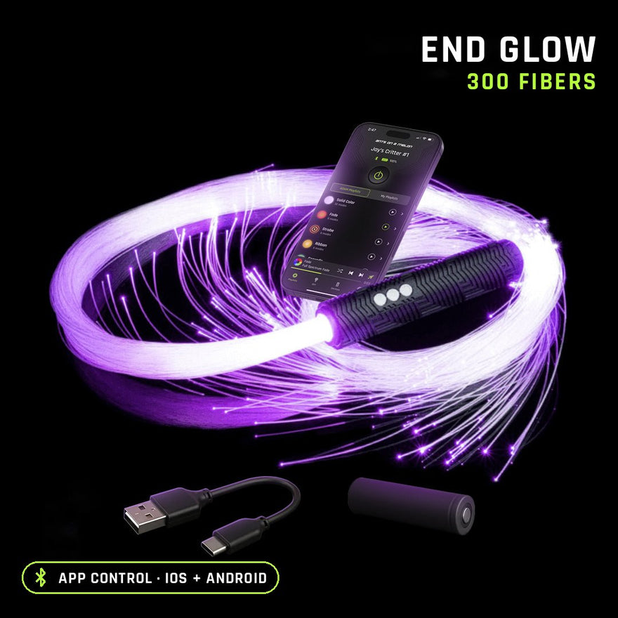 BitWhip with end glow fiber, 300 fibers, glowing purple with the app and accessories