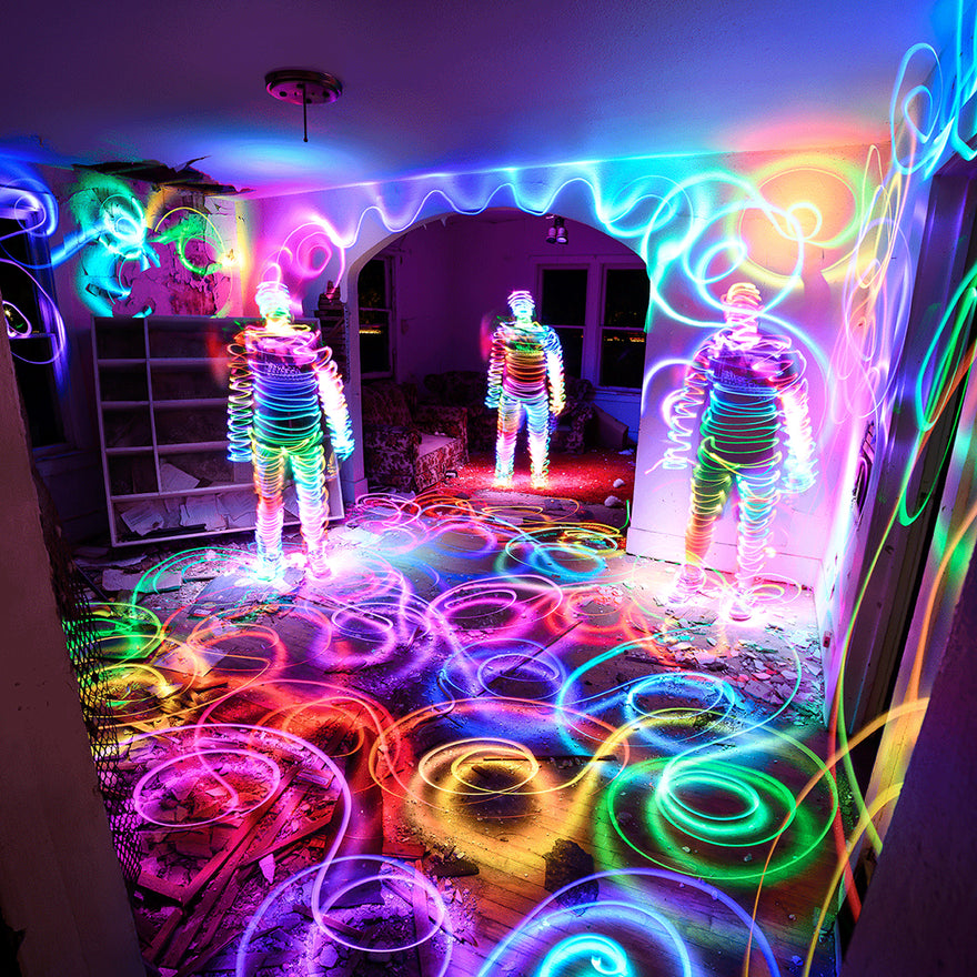 Light painting artwork of rainbow ring figures created with the Acrylic Writer
