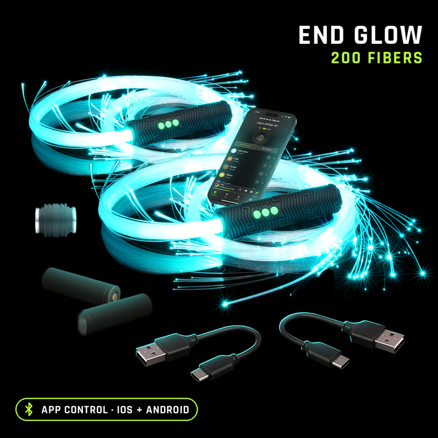 Double BitWhip with end glow fiber, 200 fibers, glowing teal with two RGB Critter BT Light Engines