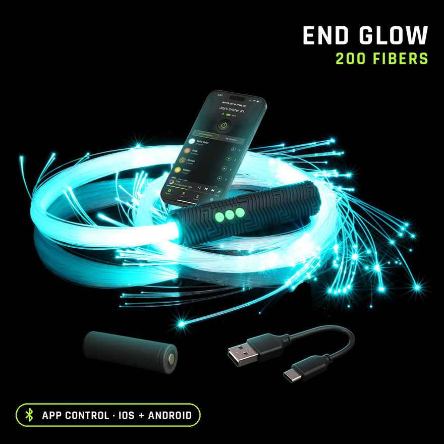 BitWhip with end glow fiber, 200 fibers, glowing teal with the app, battery and charging cable
