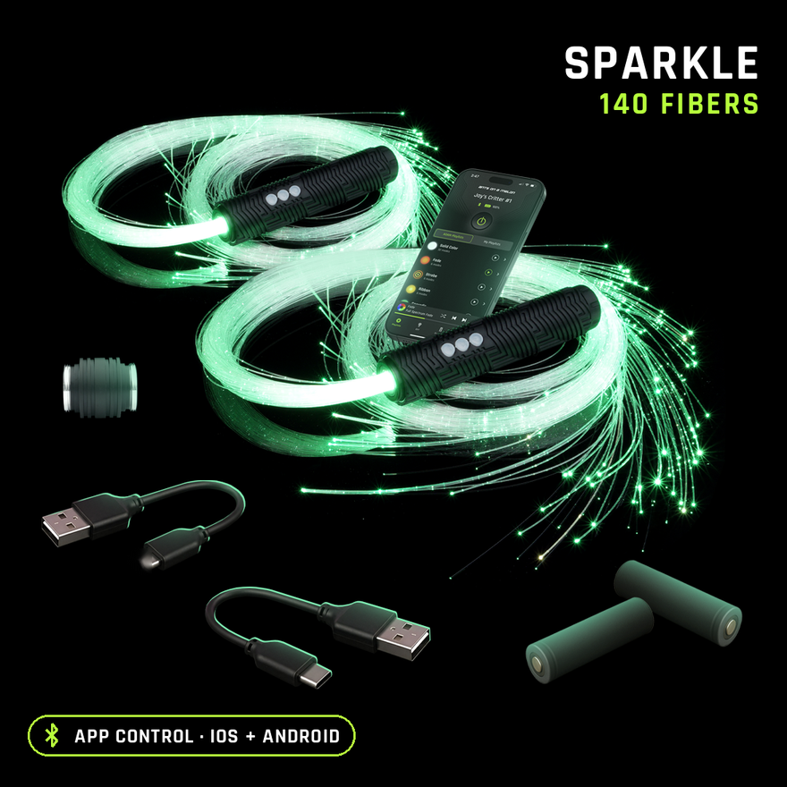 Double BitWhip with sparkle fiber, 140 fibers, glowing green with two RGB Critter BT Light Engines