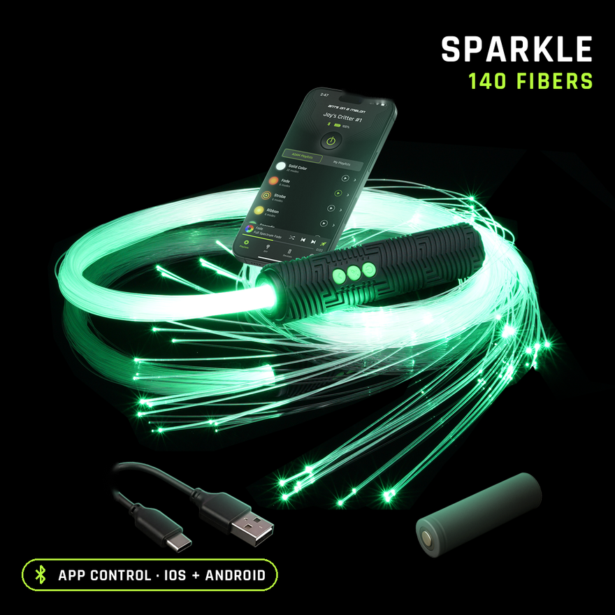 BitWhip with sparkle fiber, 140 fibers, glowing green with the app, battery and charging cable