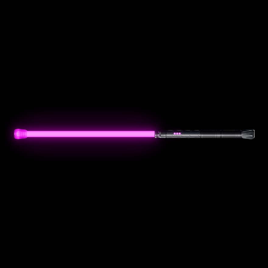 Contact Saber Kit side profile lit magenta, showing the full assembled length of about 39 inches, from the clear Flow Cap at the tip to the two Saber Hilt Extensions and counterweighted black Flow Cap at the rear