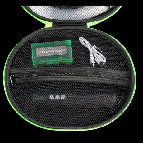 Inside the BitWhip travel case showing the mesh storage pockets with battery, charging cable and light engine