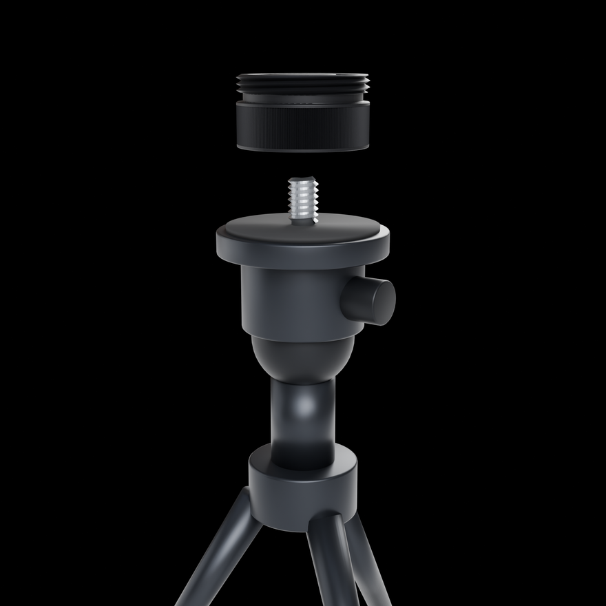 Tripod Mount Adapter aligned above a tripod 1/4-20 UNC mounting stud