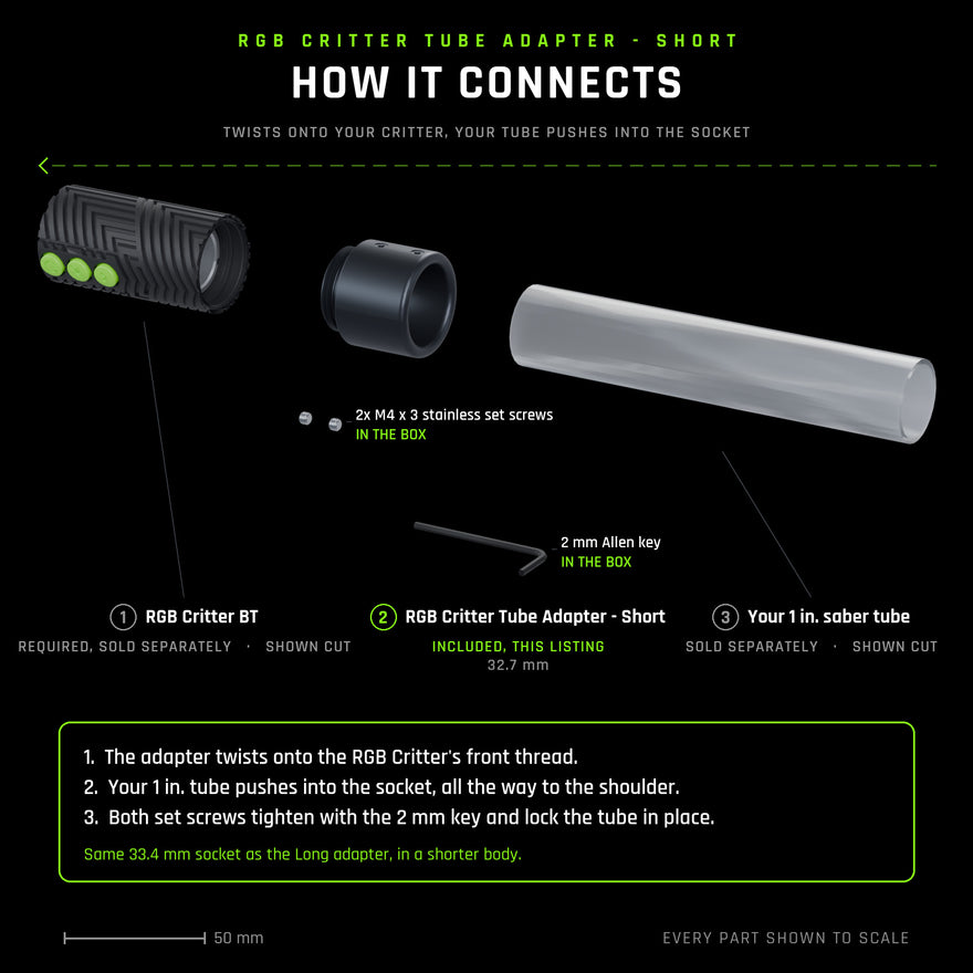 Exploded view to scale: the RGB Critter Tube Adapter - Short twists onto the RGB Critter&