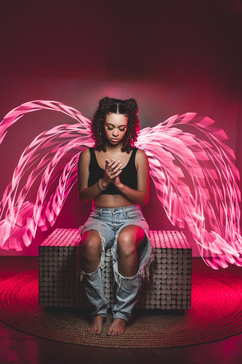 Portrait with pink wings drawn with light painting blades