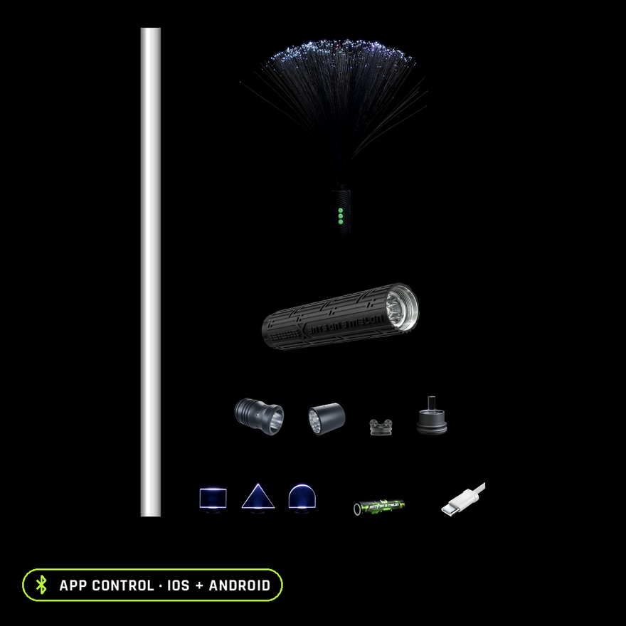 Everything included in the Light Painting Photography Kit for Beginners, organized to scale: RGB Critter BT Light Engine, 24 inch Sol Saber Tube, RGB Critter Tube Adapter Long, Modular Saber Tube Adapter with its reflector plug, Light Painting Blade Holder, Mini Blade Set of three acrylic blades, black Fiber Optic Duster, Acrylic Writer, 2500mAh 18650 battery and USB-C charging cable.