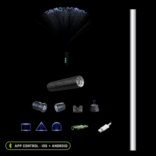 Everything included in the Light Painting Photography Kit for Beginners, organized to scale: RGB Critter BT Light Engine, 23 inch Light Painting Tube, RGB Critter Tube Adapter Long, Modular Saber Tube Adapter with its reflector plug, Light Painting Blade Holder, Mini Blade Set of three acrylic blades, black Fiber Optic Duster, Acrylic Writer, 2500mAh 18650 battery and USB-C charging cable.