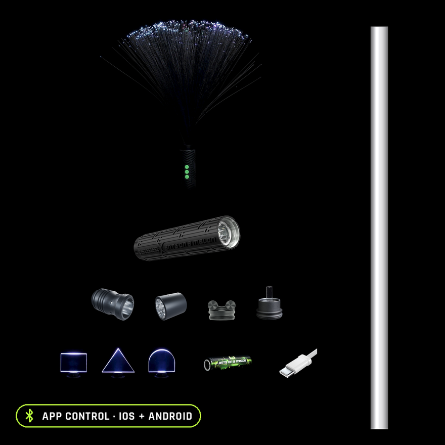 Everything included in the Light Painting Photography Kit for Beginners, organized to scale: RGB Critter BT Light Engine, 23 inch Light Painting Tube, RGB Critter Tube Adapter Long, Modular Saber Tube Adapter with its reflector plug, Light Painting Blade Holder, Mini Blade Set of three acrylic blades, black Fiber Optic Duster, Acrylic Writer, 2500mAh 18650 battery and USB-C charging cable.
