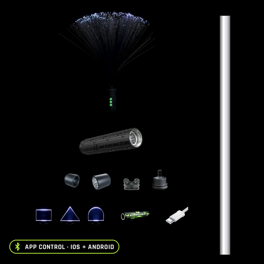 Everything included in the Light Painting Photography Kit for Beginners, organized to scale: RGB Critter BT Light Engine, 23 inch Light Painting Tube, RGB Critter Tube Adapter Short, Modular Saber Tube Adapter with its reflector plug, Light Painting Blade Holder, Mini Blade Set of three acrylic blades, black Fiber Optic Duster, Acrylic Writer, 2500mAh 18650 battery and USB-C charging cable.