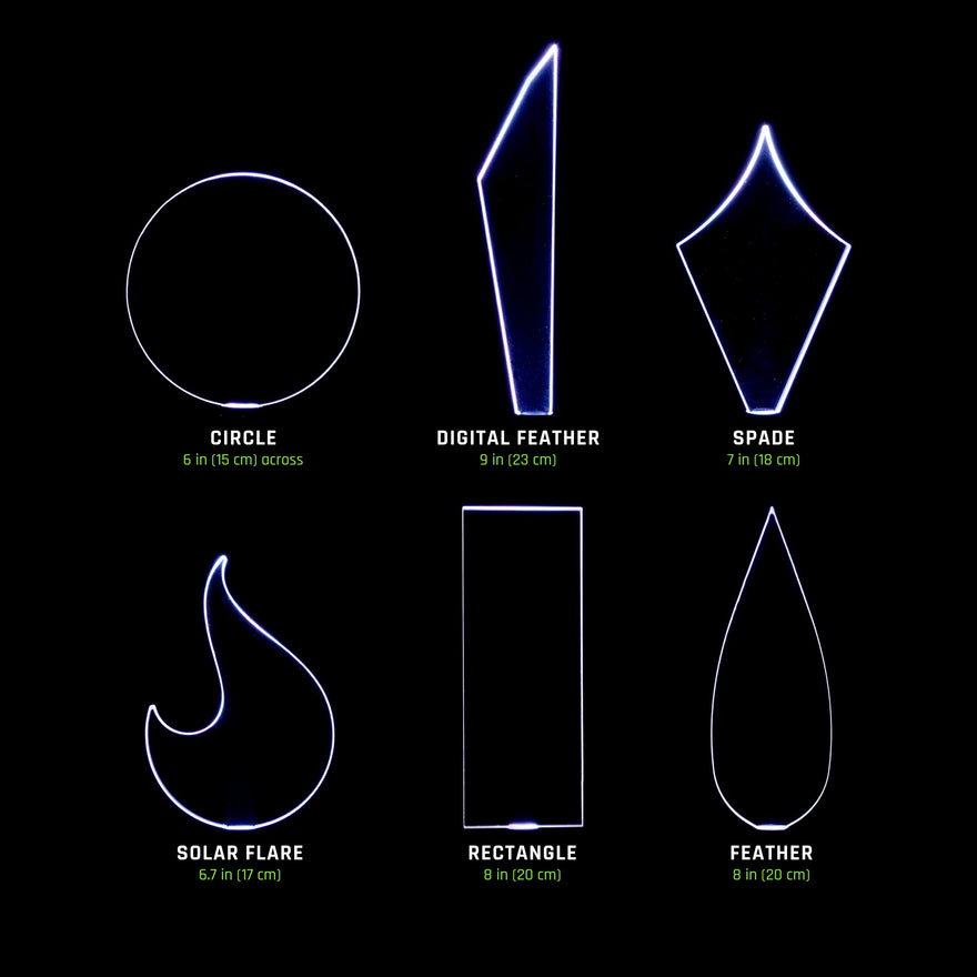 Best Seller Blade Pack blades labelled with real sizes: Circle 6 in (15 cm) across, Digital Feather 9 in (23 cm), Spade 7 in (18 cm), Solar Flare 6.7 in (17 cm), Rectangle 8 in (20 cm), Feather 8 in (20 cm)