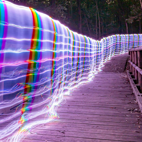 Close-up of the BitWhip fiber optic strands lit in multicolor