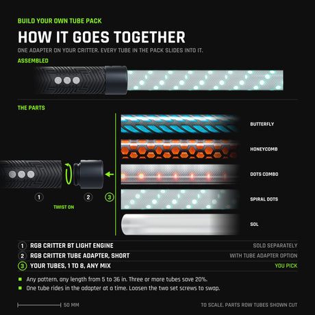 How the Build Your Own Tube Pack goes together, drawn to scale. Top, assembled: an RGB Critter BT Light Engine with the RGB Critter Tube Adapter - Short twisted on and a Spiral Dots tube seated in it, lit. Below, the parts: the Critter (sold separately), the adapter (with the Tube Adapter option) and the five patterns you can mix, Butterfly, Honeycomb, Dots Combo, Spiral Dots and Sol, shown cut because the pack comes in any length. One tube rides in the adapter at a time.