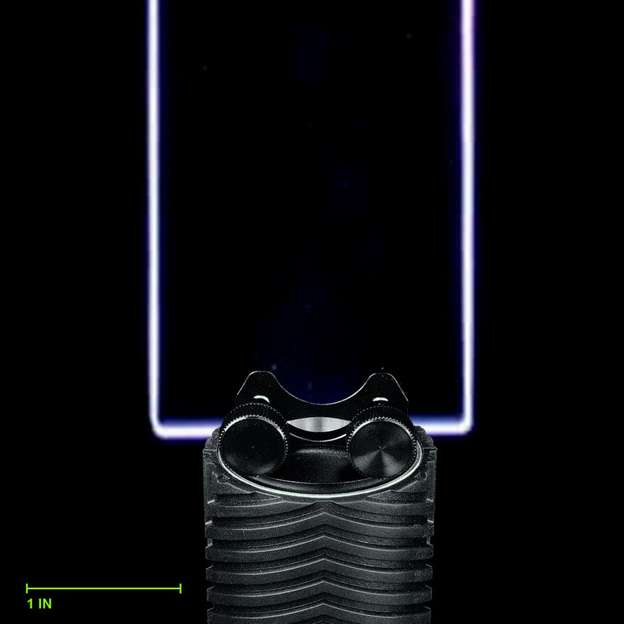 Butcher Sword Blade clamped in the Light Painting Blade Holder on an RGB Critter BT Light Engine, thumbscrews tightened, shown to scale. Blade is 15 in (38 cm) long