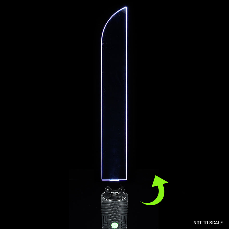 Butcher Sword light painting blade with holder adapter connected to RGB Critter, producing intense cleaver-shaped light trails in photography