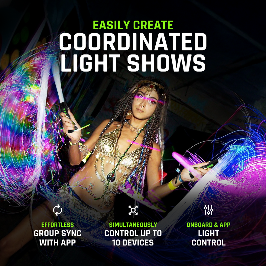 Performer spinning BitWhips in a coordinated light show with group sync and control of up to 10 devices