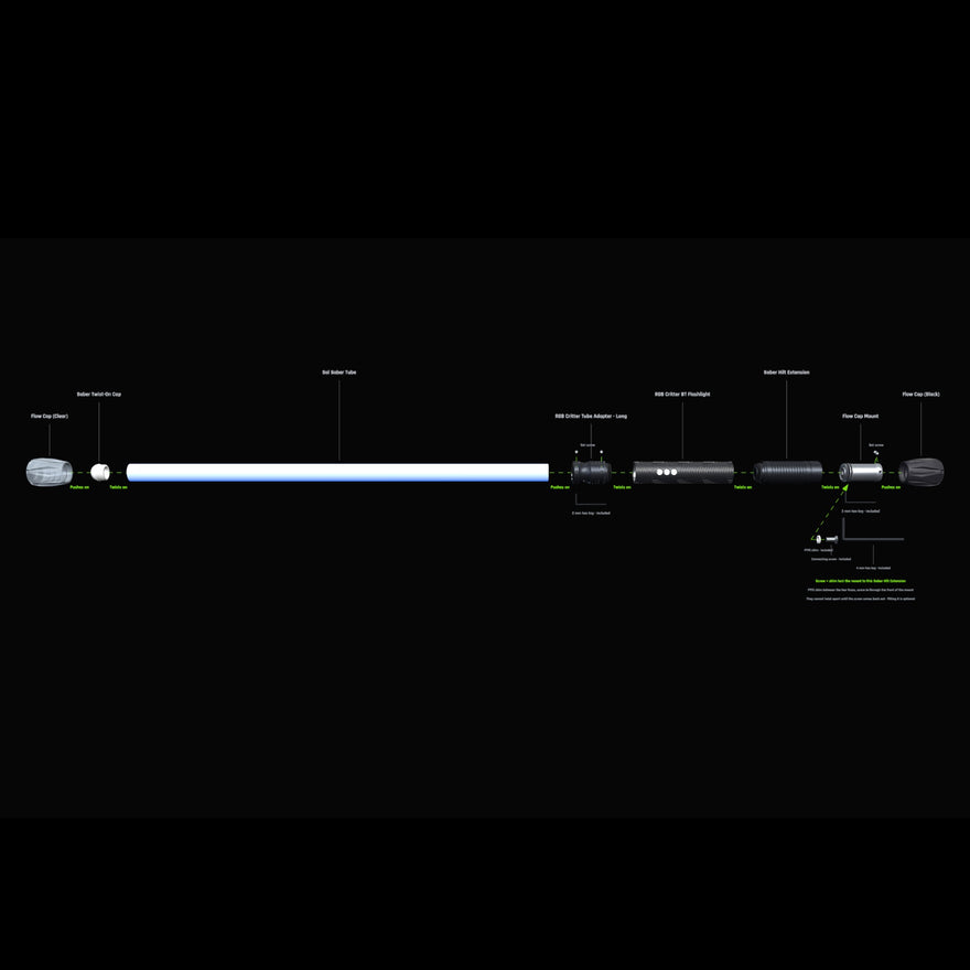 Contact Saber Kit Forward Balance exploded view naming every part and how each one connects, with the Flow Cap Mount bore empty