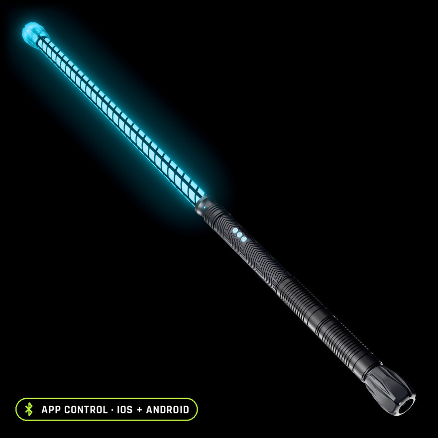 Contact Saber Kit in the Butterfly pattern, lit blue: 24 inch Butterfly saber tube with a clear Silicone Saber Cap at the tip on the RGB Critter BT light engine, controlled from the app on iOS and Android