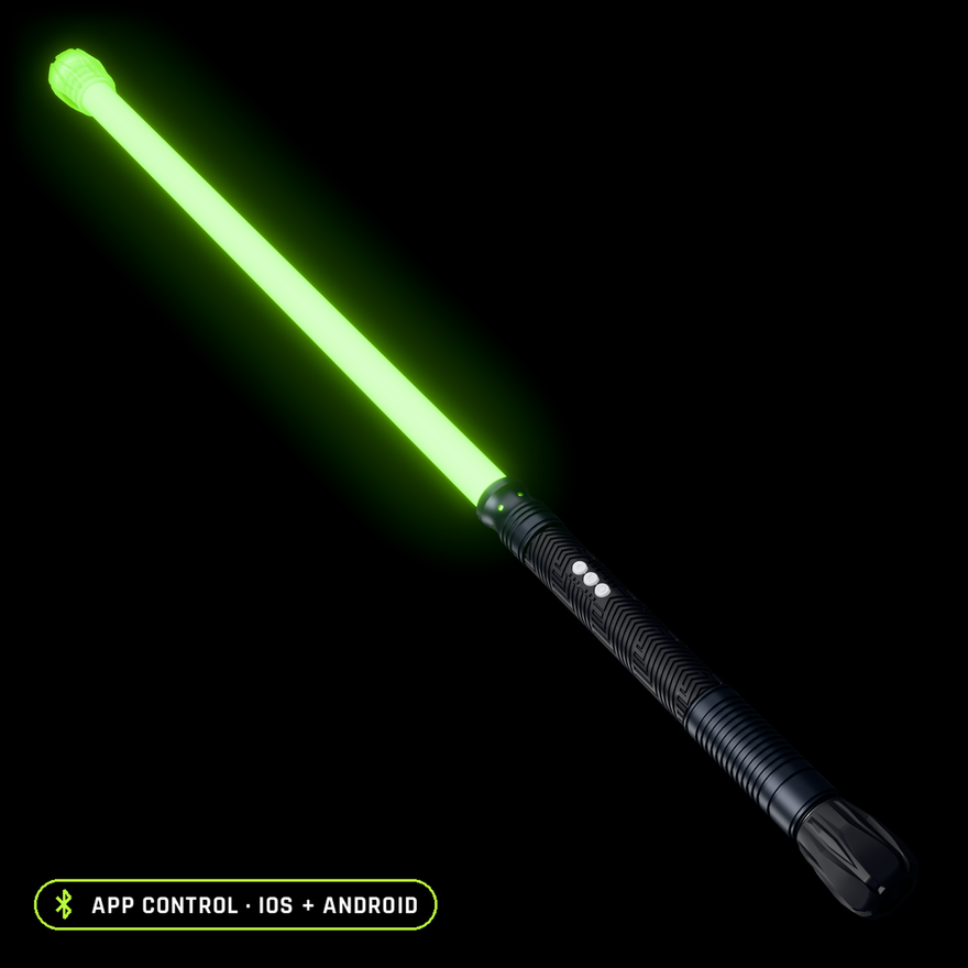 Contact Saber Kit Forward Balance lit lime green: 24 inch saber tube with a clear Flow Cap at the tip, RGB Critter BT handle with one Saber Hilt Extension and the Flow Cap Mount under a black Flow Cap at the rear