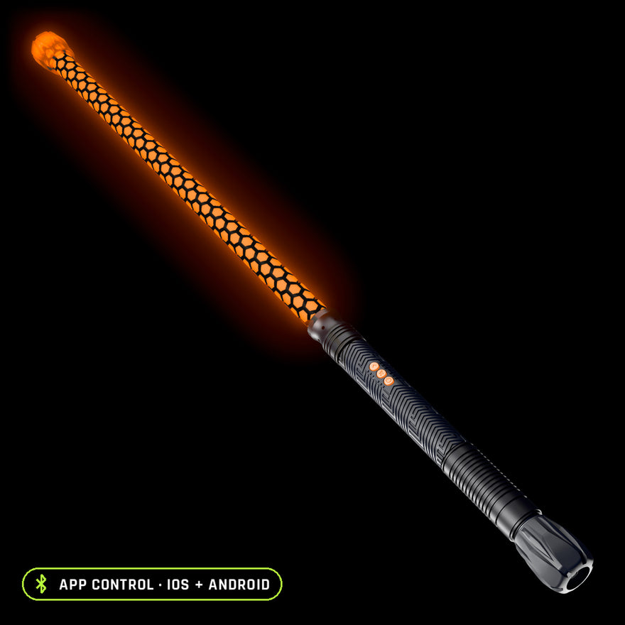 Contact Saber Kit Forward Balance in the Honeycomb pattern, lit orange: 24 inch Honeycomb saber tube with a clear Silicone Saber Cap at the tip on the RGB Critter BT light engine, controlled from the app on iOS and Android