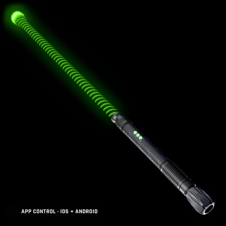 Contact Saber Kit Forward Balance in the Stellar pattern, lit green: 24 inch Stellar saber tube with a clear Silicone Saber Cap at the tip on the RGB Critter BT light engine, controlled from the app on iOS and Android