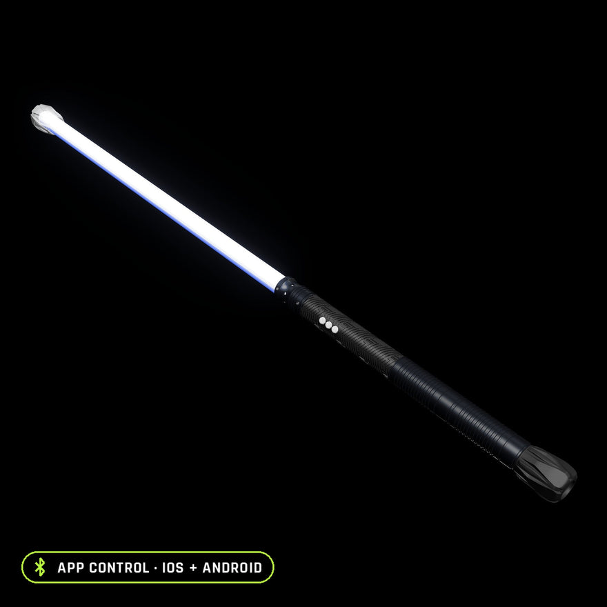 Contact Saber assembled, 24 inch Sol blade lit blue, black aluminum handle with two chained hilt extensions and rear counterweight
