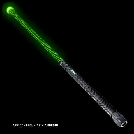 Contact Saber Kit in the Stellar pattern, lit green: 24 inch Stellar saber tube with a clear Silicone Saber Cap at the tip on the RGB Critter BT light engine, controlled from the app on iOS and Android