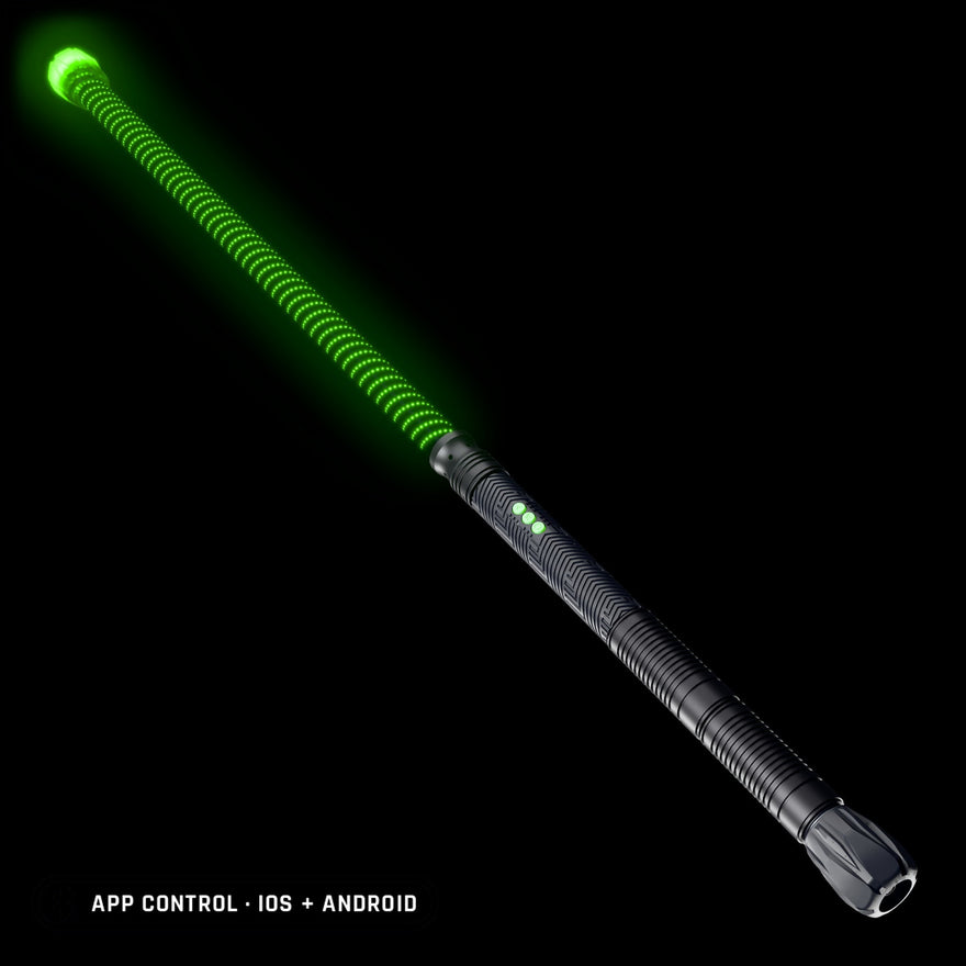 Contact Saber Kit in the Stellar pattern, lit green: 24 inch Stellar saber tube with a clear Silicone Saber Cap at the tip on the RGB Critter BT light engine, controlled from the app on iOS and Android