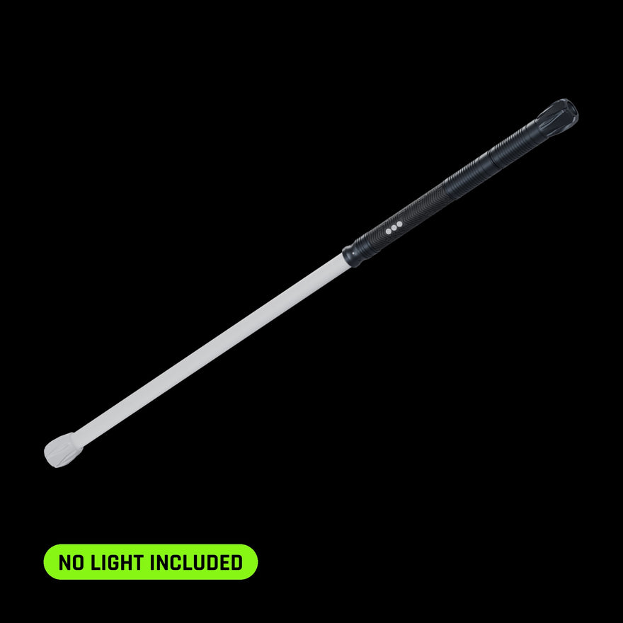 Shown built with an RGB Critter BT, which is not included. Contact Saber: white saber tube with a flow cap tip and a long black hilt, on black. No light included.