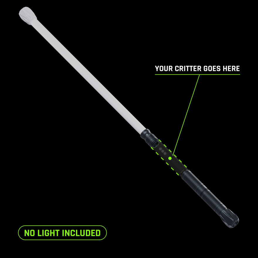 No light included: the dashed outline shows where the RGB Critter BT you already own fits. Contact Saber built: white saber tube with a flow cap tip, saber mount, long black hilt and counterweight, on black.