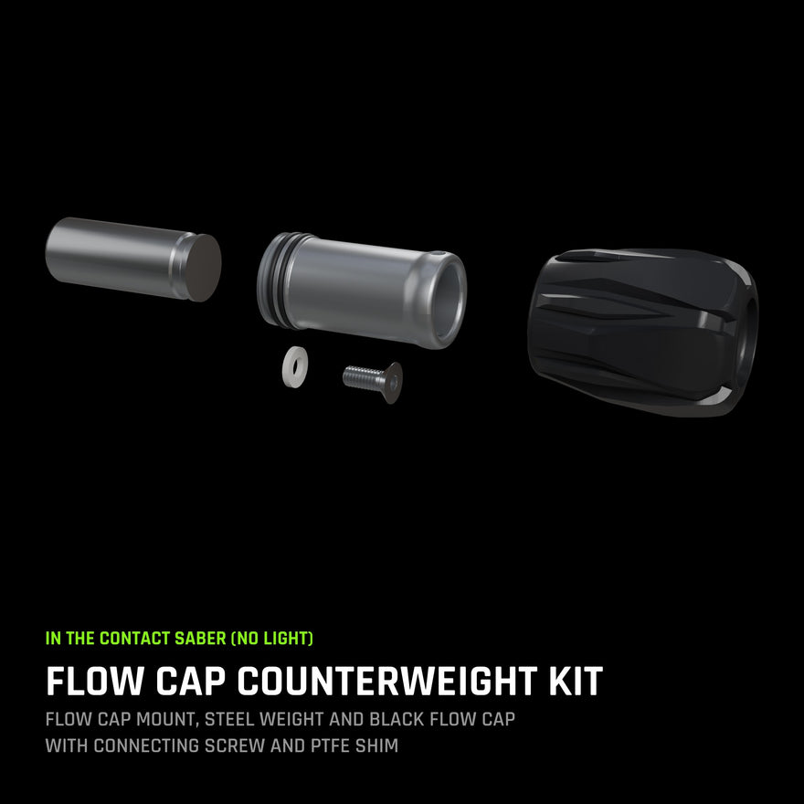 Flow Cap Counterweight Kit: Flow Cap Mount, steel weight and black Flow Cap, with connecting screw and PTFE shim.