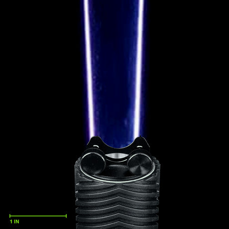 Digital Feather Blade (Long) clamped in the Light Painting Blade Holder on an RGB Critter BT Light Engine, thumbscrews tightened, shown to scale. Blade is 15 in (38 cm) long