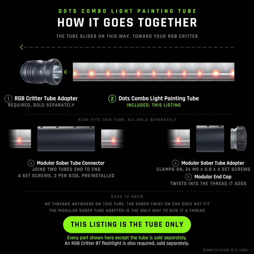 Exploded view of the Dots Combo Light Painting Tube, drawn to scale with an 8 inch tube. Top: the RGB Critter Tube Adapter, socket facing the tube, then the tube showing its row of glowing dots. Below, the two add-ons that fit it: the Modular Saber Tube Connector joining two tubes end to end, and the Modular Saber Tube Adapter clamping on to add a thread that takes the Modular End Cap. This tube has no threads, so the Saber Twist-On Cap does not fit. Tube only, every other part sold separately.