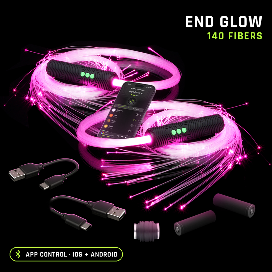 Double BitWhip with end glow fiber, 140 fibers, glowing pink with two RGB Critter BT Light Engines