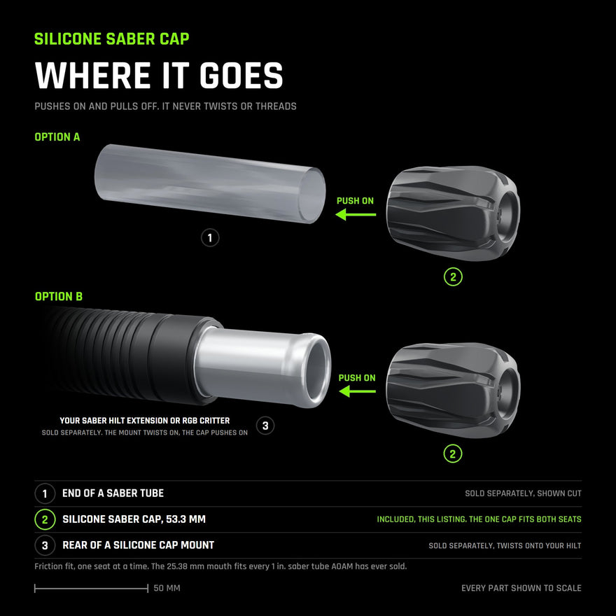 Where the Silicone Saber Cap goes, shown to scale: option A, it pushes onto the end of a saber tube; option B, it pushes onto a Silicone Cap Mount fitted in the back of a Saber Hilt Extension or RGB Critter. The mount is sold separately and twists on.