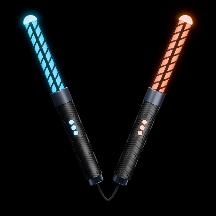 Saber Chucks LED Nunchucks Kit with Butterfly 6 inch saber tubes, lit cyan and orange