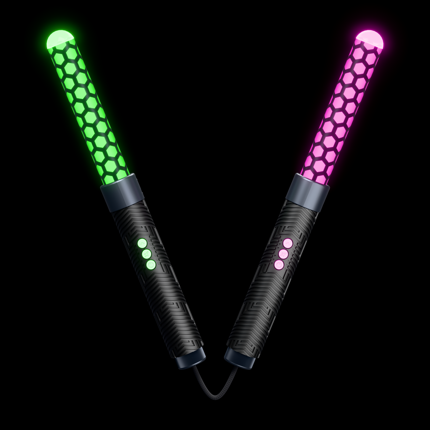 Saber Chucks LED Nunchucks Kit with Honeycomb 6 inch saber tubes, lit green and magenta