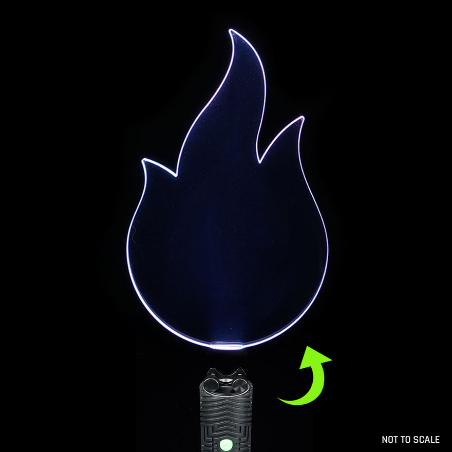 Flower Flames light painting blade with holder adapter attached to RGB Critter, producing flame-inspired light effects in long exposure photography