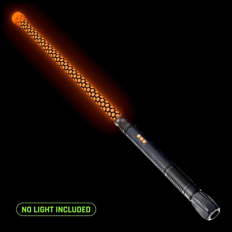 Forward Balance Contact Saber (No Light) in the Honeycomb pattern, lit orange, shown on an RGB Critter BT light engine. No light included; it runs on the Critter you already own.
