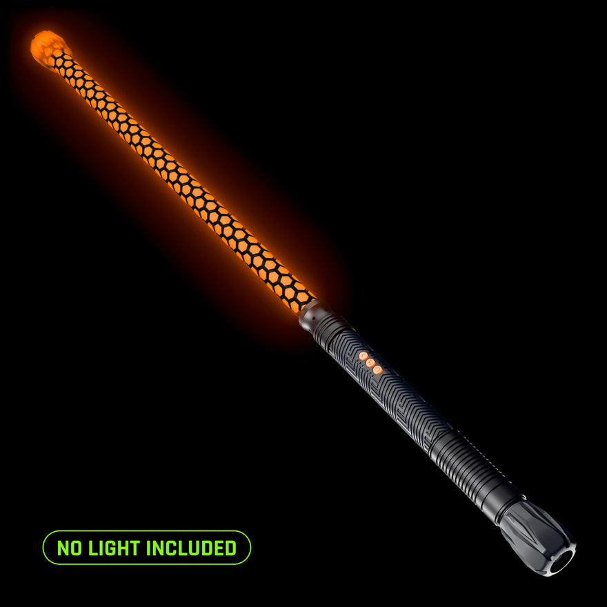 Forward Balance Contact Saber (No Light) in the Honeycomb pattern, lit orange, shown on an RGB Critter BT light engine. No light included; it runs on the Critter you already own.