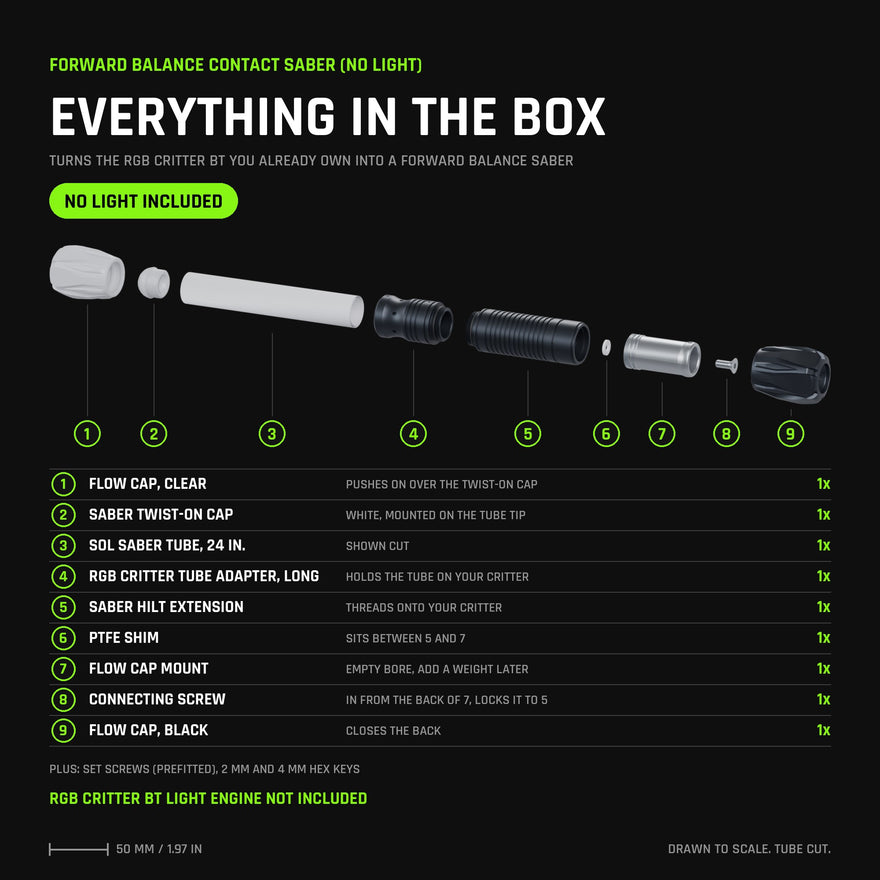 Forward Balance Contact Saber (No Light): everything in the box, including the PTFE shim and connecting screw that lock the Flow Cap Mount to the Saber Hilt Extension. No light included; runs on the RGB Critter BT you already own.