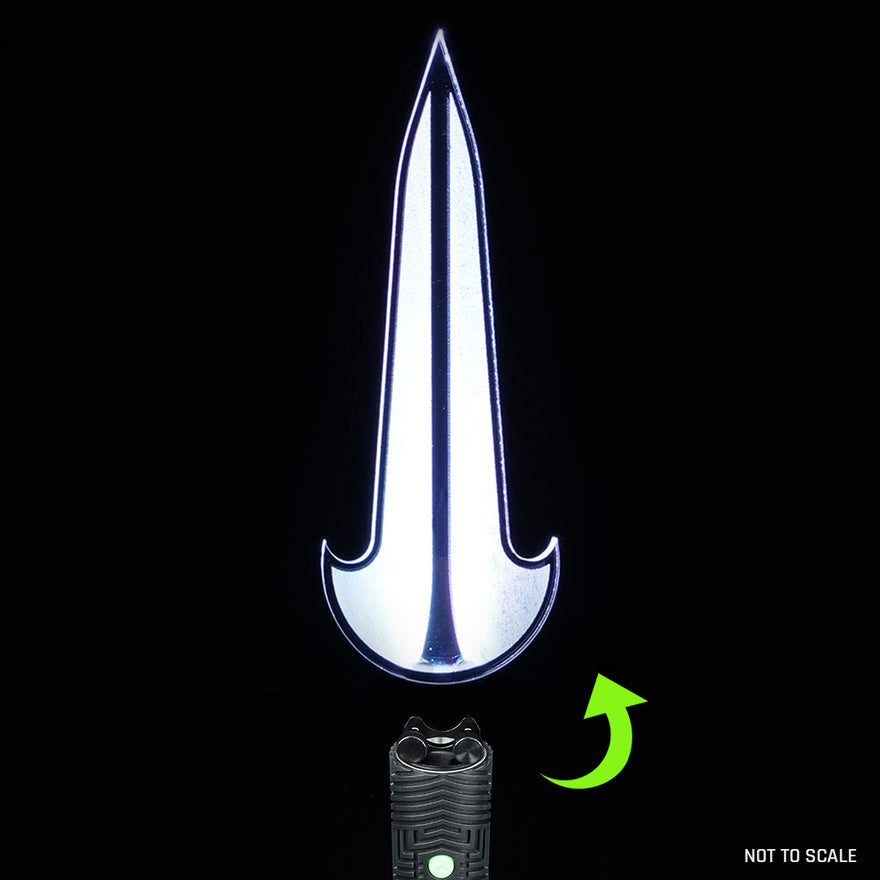 Halo Pro light painting blade with holder adapter mounted to RGB Critter, creating dagger-style light effects in long exposure photography