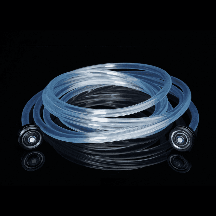 Jupiter Jump Rope shown disconnected and turned off, displaying the unlit fiber optic rope and hardware for flow arts setup.