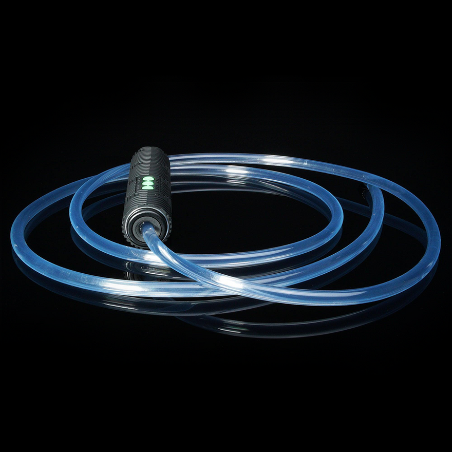 Single-ended RGB Jupiter Rope accessory connected to an RGB Critter BT flashlight, shown turned off, highlighting its lightweight design for customizing outfits, props, and flow art at festivals like Burning Man.